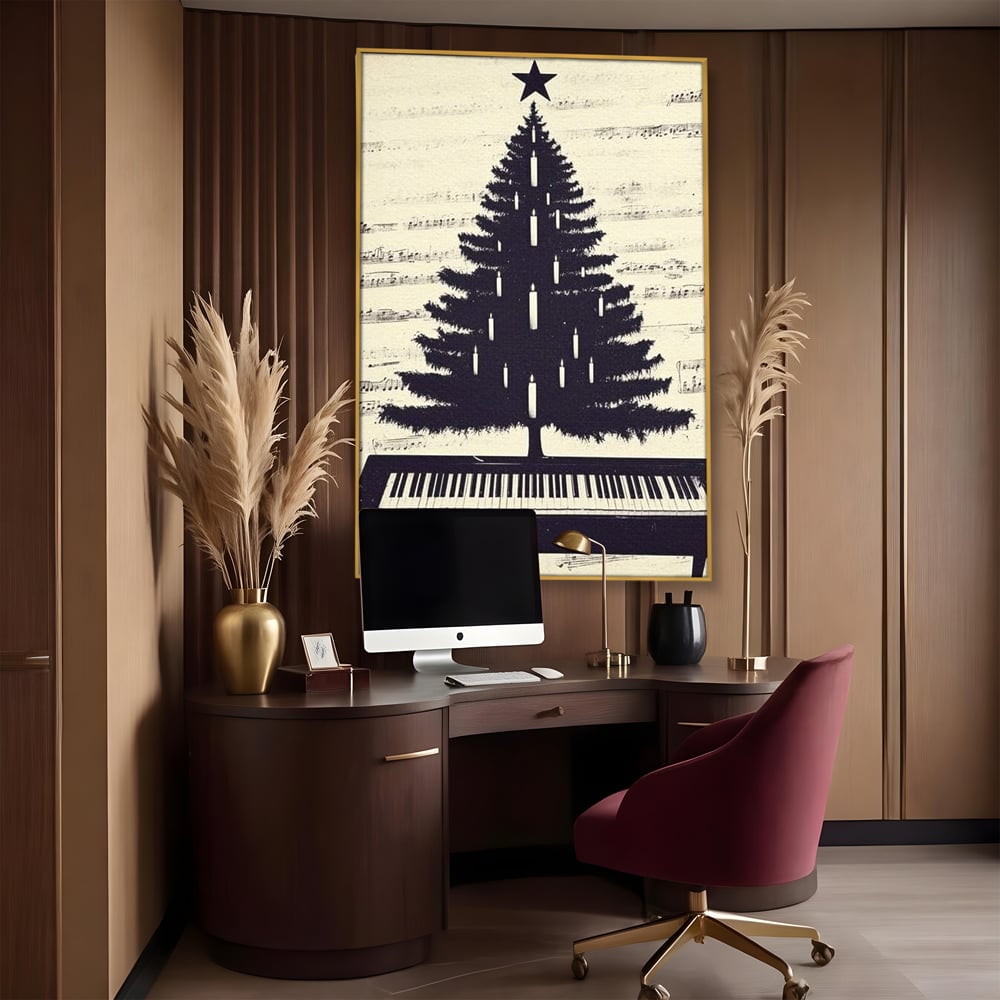 Tablou canvas cu tablou canvas cu brad din clape de pian, in rama de aluminiu auriu, pe perete intr-un birou